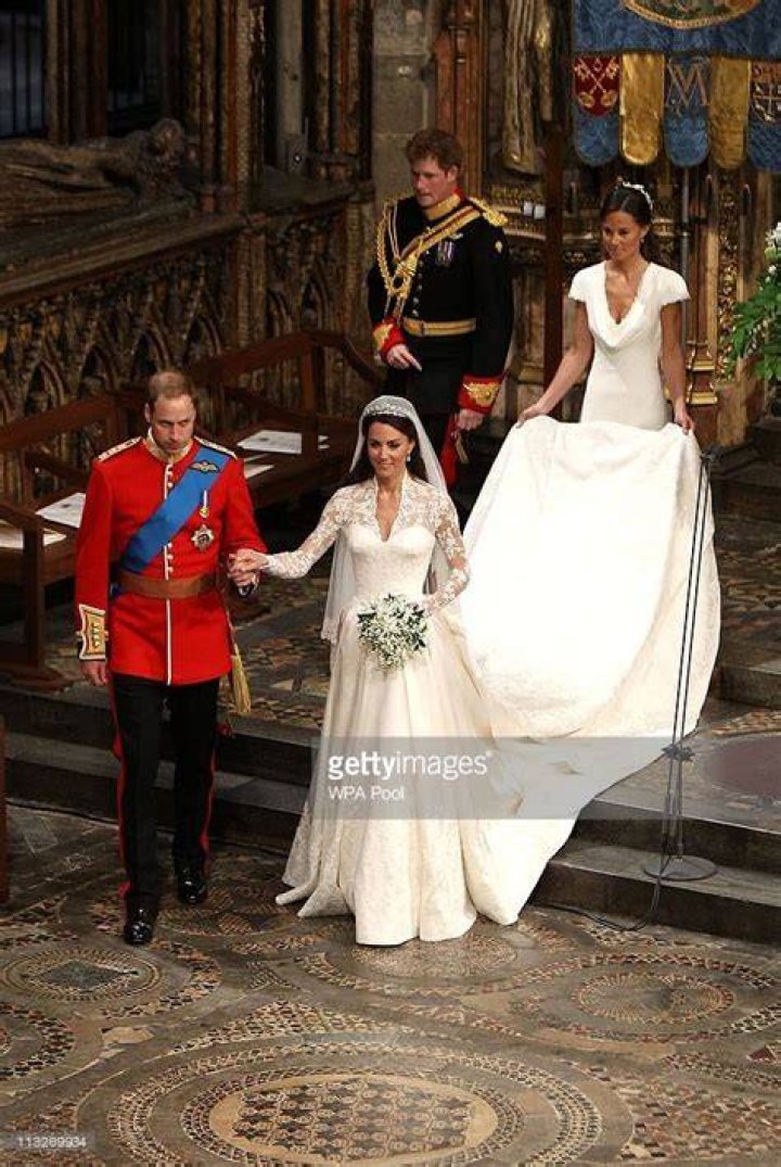 TRH Prince William, Duke of Cambridge and Catherine, Duchess of Cambridge smile following their marriage at Westminster Abbey on April 29, 2011 in ...